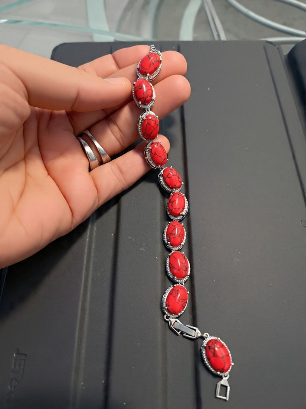 Silver-Tone Red Oval Stone Bracelet for Women